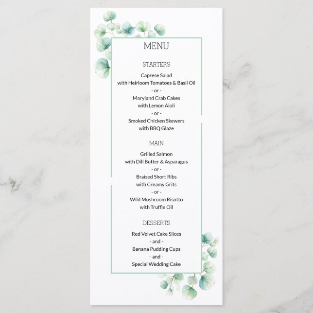 Minimalist Greenery Themed Eucalyptus Wedding Menu (Front)