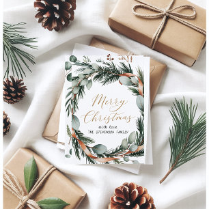 Minimalist Greenery Wreath Gold Script Holiday Card