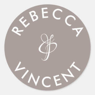 Minimalist Greige Gray Wedding Personalized Names Classic Round Sticker