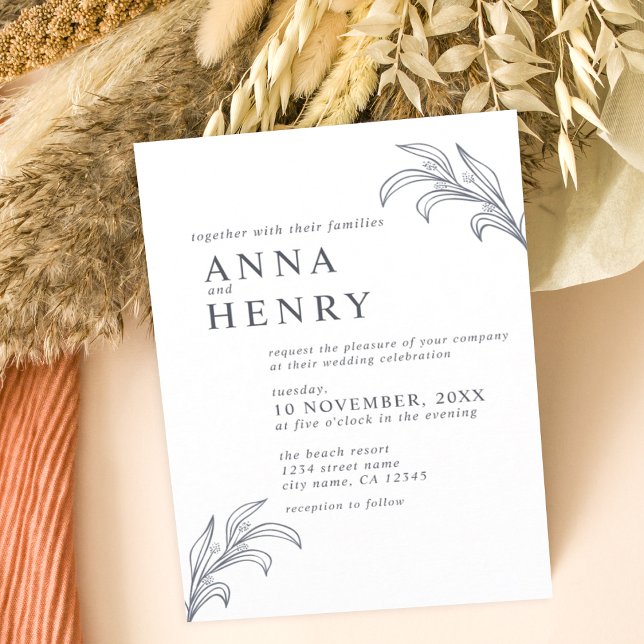 Minimalist Grey Botanical Leaf Wedding  Invitation (Creator Uploaded)
