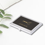 Minimalist Grey Gold Scissor Business Card Holder<br><div class="desc">Elegant business card holder with gold scissor pattern and grey background.  You can add your monogram or name to it.</div>