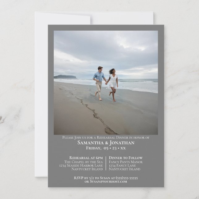 Minimalist Grey Photo Wedding Rehearsal Dinner Invitation (Front)