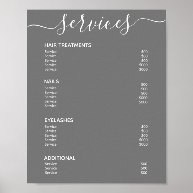 Minimalist Grey Salon Price List Service Menu Poster (Front)