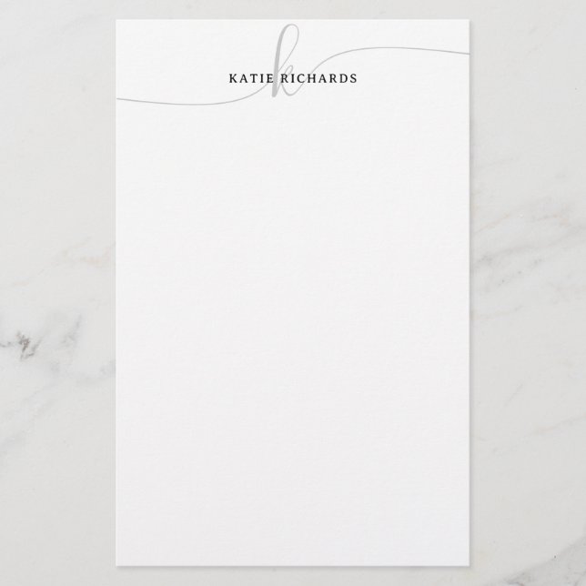Minimalist Grey Script Monogram Stationery (Front)