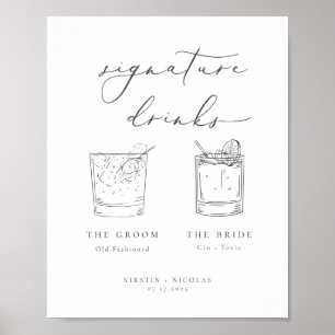 Minimalist Grey Signature Drinks Wedding Poster