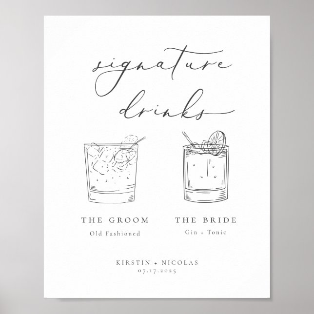 Minimalist Grey Signature Drinks Wedding Poster (Front)