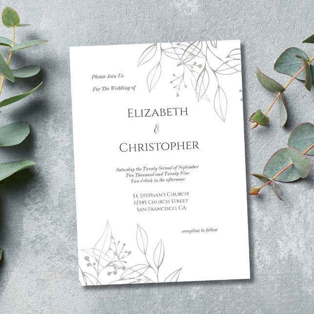 Minimalist Grey Silver Botanical Leaves Wedding Invitation (Silver Gray leaves botanical floral elegant Wedding invitation. Printed or Digital instant download)