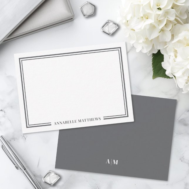 Minimalist Grey Two Border Monogram Card (Minimalist Gray Two Border Monogram Note Card )