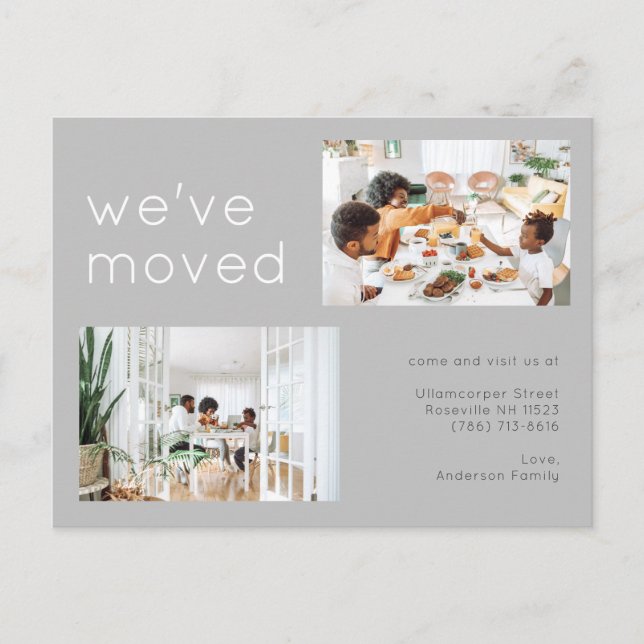 Minimalist Grey Two Family Photo Moving  Announcement Postcard (Front)