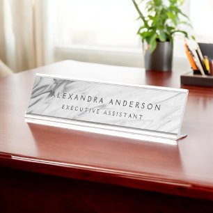 Minimalist Grey White Marble Professional Desk Name Plate