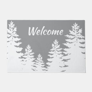 Minimalist grey white pine tree silhouettes doormat
