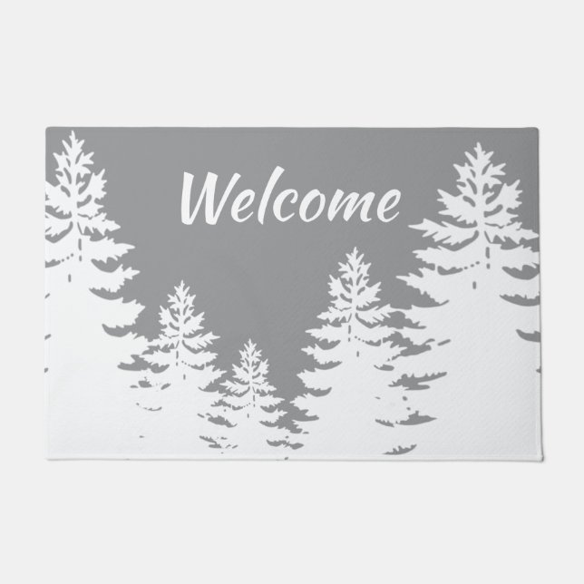 Minimalist grey white pine tree silhouettes      doormat (Front)
