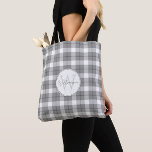 Minimalist Grey & White Plaid Monogram Tote Bag