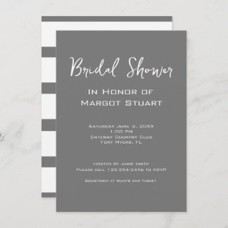 Minimalist Grey White Script Striped Bridal Shower Invitation