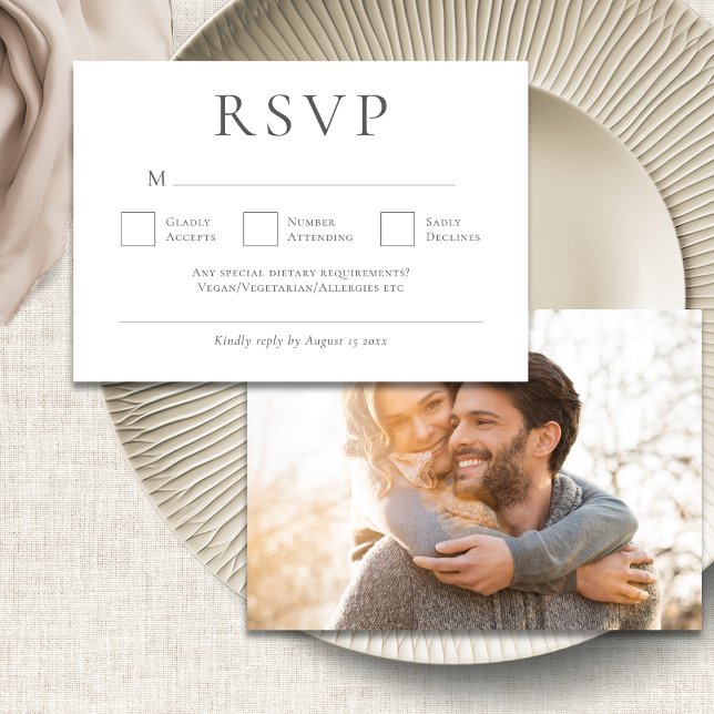 Minimalist Grey Writing Photo Wedding RSVP Card (Front and back view)
