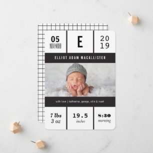 Minimalist Grid Baby Stats Photo Design Birth Announcement