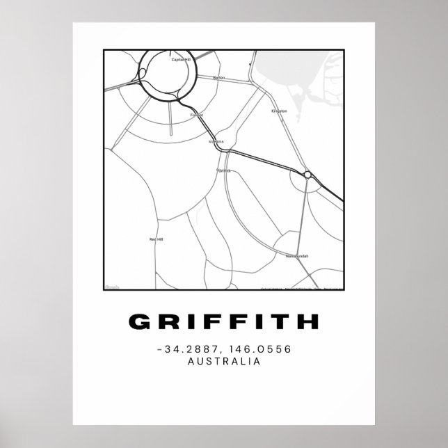 Minimalist Griffith Map with Coordinates | Black a Poster (Front)