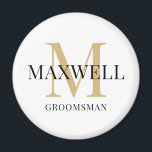 Minimalist Groomsman Black Gold Custom Monogram Magnet<br><div class="desc">Modern Gold and Black Monogrammed round magnet for groomsmen - Create your own custom groomsman gift by adding the recipient's name and monogram. A unique and thoughtful gift for wedding party members. You can change the groomsman template to best man, father-of-the-groom, etc. Want a different font or colour for the...</div>
