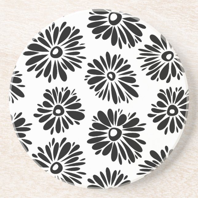 Minimalist Groovy Black and White Daisy Flowers Coaster (Front)