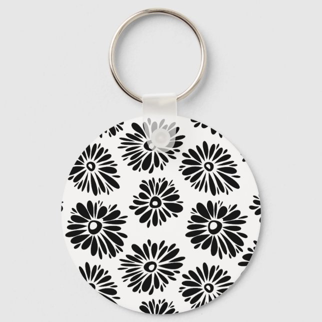 Minimalist Groovy Black and White Daisy Flowers Key Ring (Front)