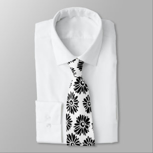 Minimalist Groovy Black and White Daisy Flowers Tie
