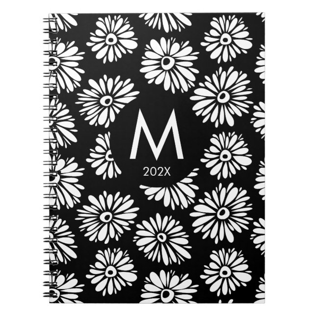 Minimalist Groovy Black and White Daisy Monogram Notebook (Front)