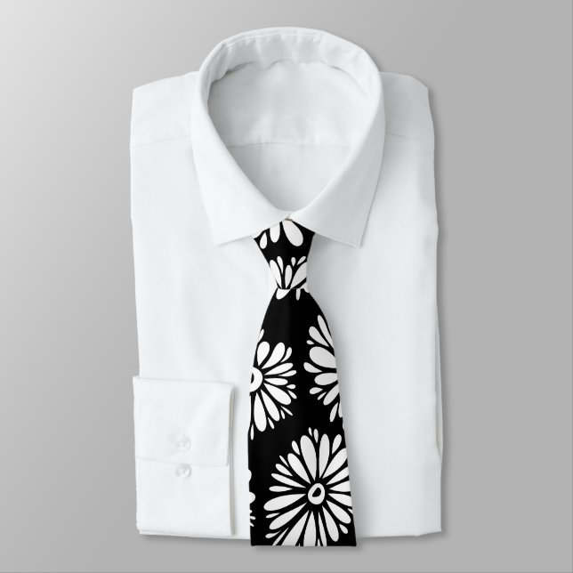 Minimalist Groovy Black and White Daisy Pattern Tie (Tied)