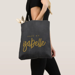 Minimalist Hair Stylist Gold Script Black Tote Bag
