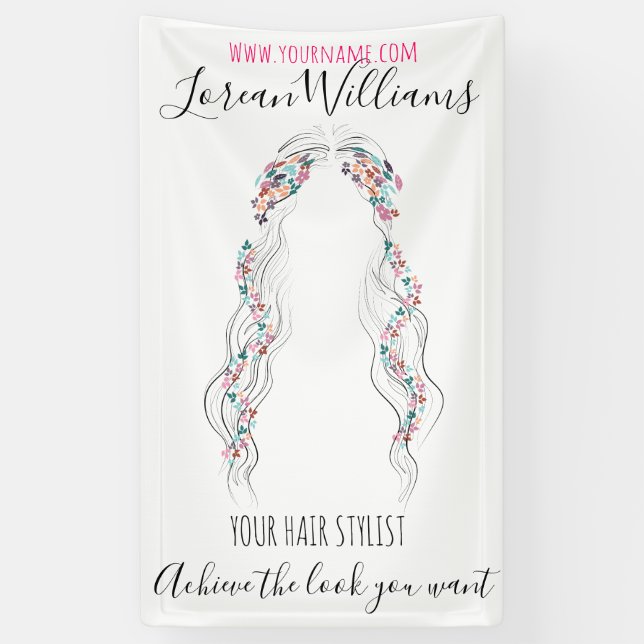Minimalist Hairstylist Bride Wavy Hair Chic Floral Banner (Vertical)