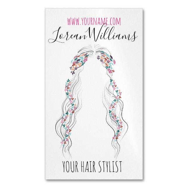 Minimalist Hairstylist Bride Wavy Hair Chic Floral Magnetic Business Card (Front Vertical)