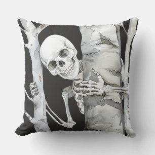 Minimalist Halloween Watercolor Smiling Skeleton Cushion