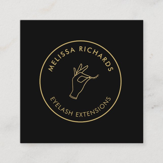 Minimalist Hand and Lashes Circle Logo Black/Gold Square Business Card (Front)