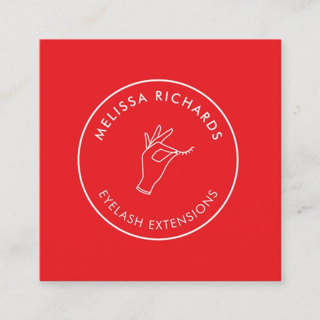 Minimalist Hand and Lashes Circle Logo Red/Pink Square Business Card (Front)