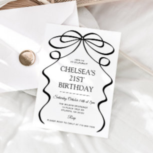 Minimalist Hand Drawn Black Bow 21st Birthday Invitation