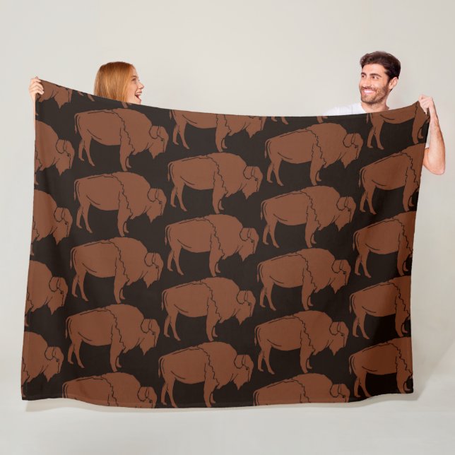 Minimalist Hand Drawn Buffalo Pattern Dark Brown Fleece Blanket (In Situ)