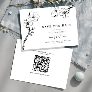 Minimalist Hand Drawn Floral White Wedding QR Code Save The Date