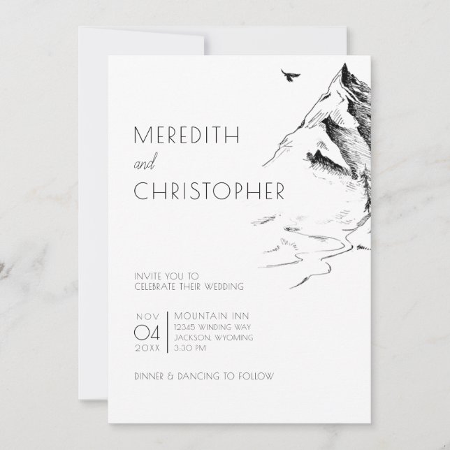Minimalist Hand Drawn Mountain Wedding Invitation (Front)