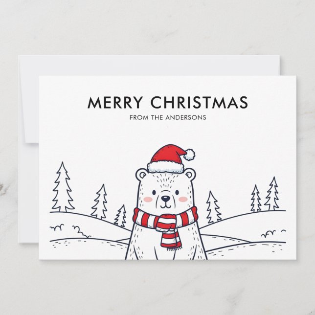 Minimalist Hand-Drawn Polar Bear Christmas Holiday Card (Front)
