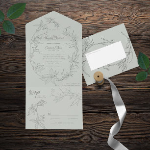 Minimalist Hand-drawn Vines Sage Green Grey All In One Invitation