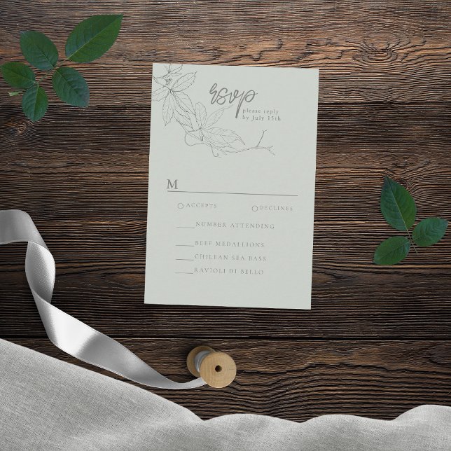 Minimalist Hand-drawn Vines Sage Green Grey RSVP Card (Creator Uploaded)