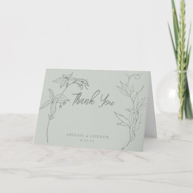 Minimalist Hand-drawn Vines Sage Green Grey Thank You Card (Front)