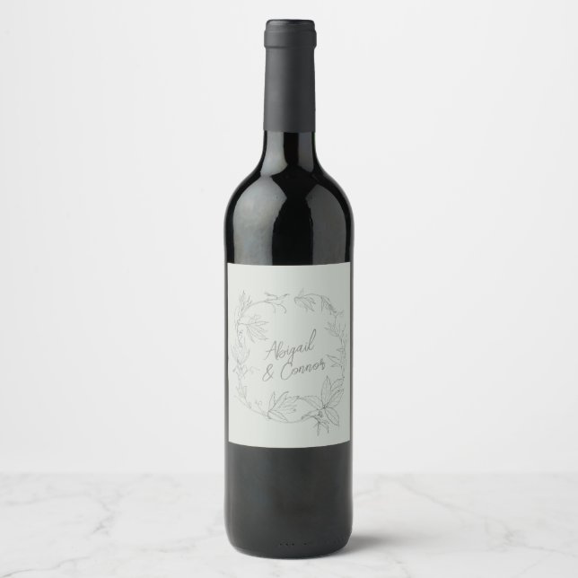 Minimalist Hand-drawn Vines Sage Green Grey Wine Label (Front)