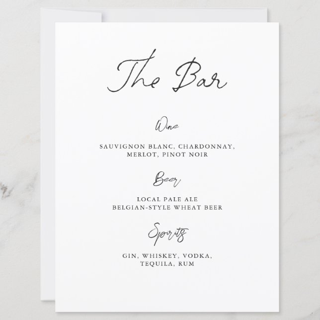 Minimalist Hand Drawn Wedding Bar Menu Sign (Front)