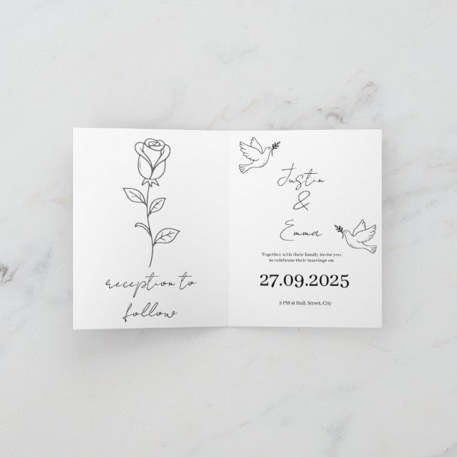Minimalist Hand-Drawn Wedding Invitation with Dove (Inside)