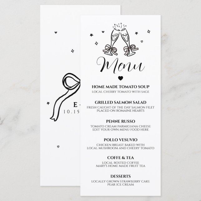 Minimalist Hand Drawn Wedding Party Menu Card (Front/Back)
