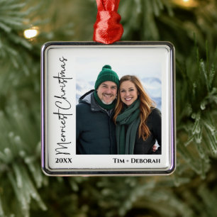 Minimalist Hand Written Merriest Christmas Photo  Metal Ornament