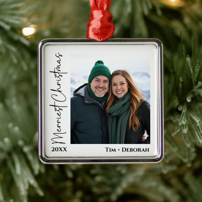 Minimalist Hand Written Merriest Christmas Photo  Metal Ornament (Tree)