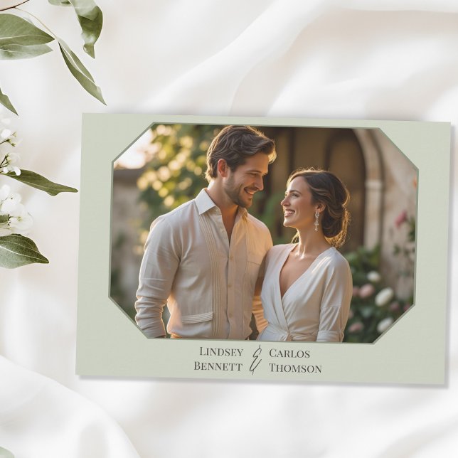 Minimalist handdrawn leaves green photo wedding invitation (Creator Uploaded)