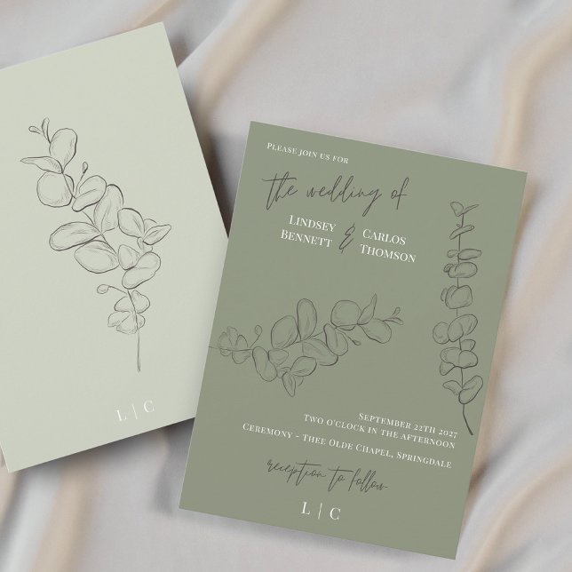 Minimalist handdrawn leaves green script wedding invitation (Creator Uploaded)