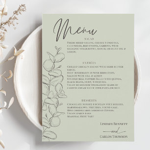 Minimalist handdrawn leaves green script wedding menu